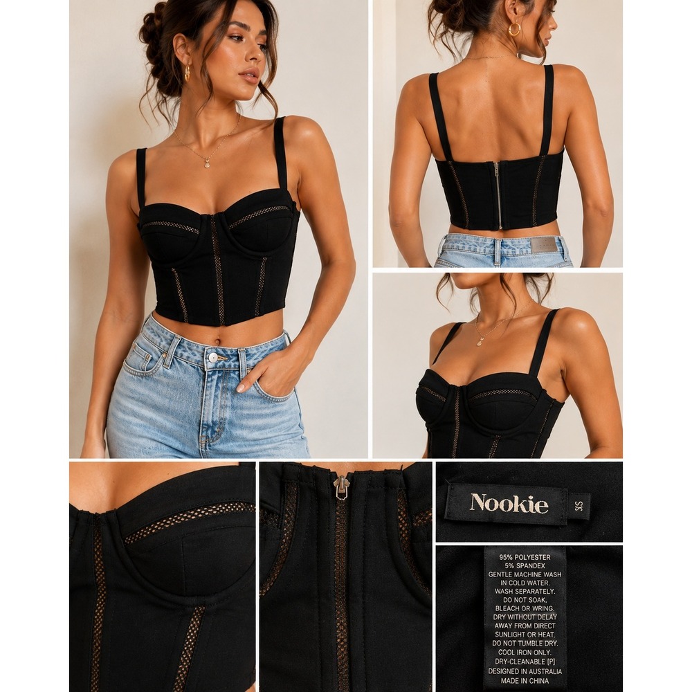 Nookie Corset Crop Top Women XS Black Glam Baddie Mesh Underwire Bustier Zip